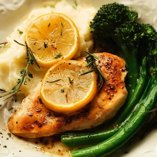 A prepared simple lemon chicken dinner with roasted vegetables