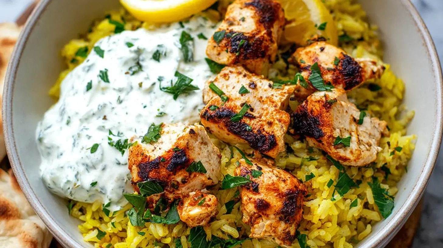 A single baking dish filled with Dump-and-Bake Greek chicken and rice