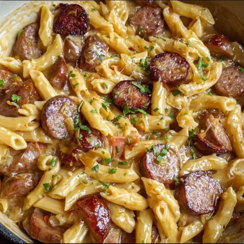 A bowl of simple sausage pasta dinner with a rich tomato sauce