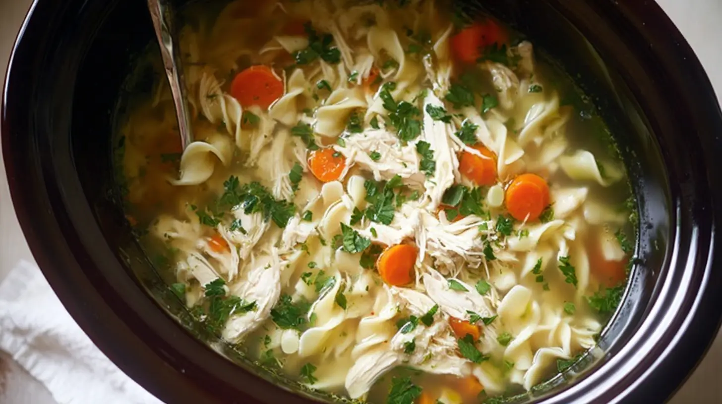 Closeup of crockpot chicken noodle soup with tender chicken, noodles, and vegetables.