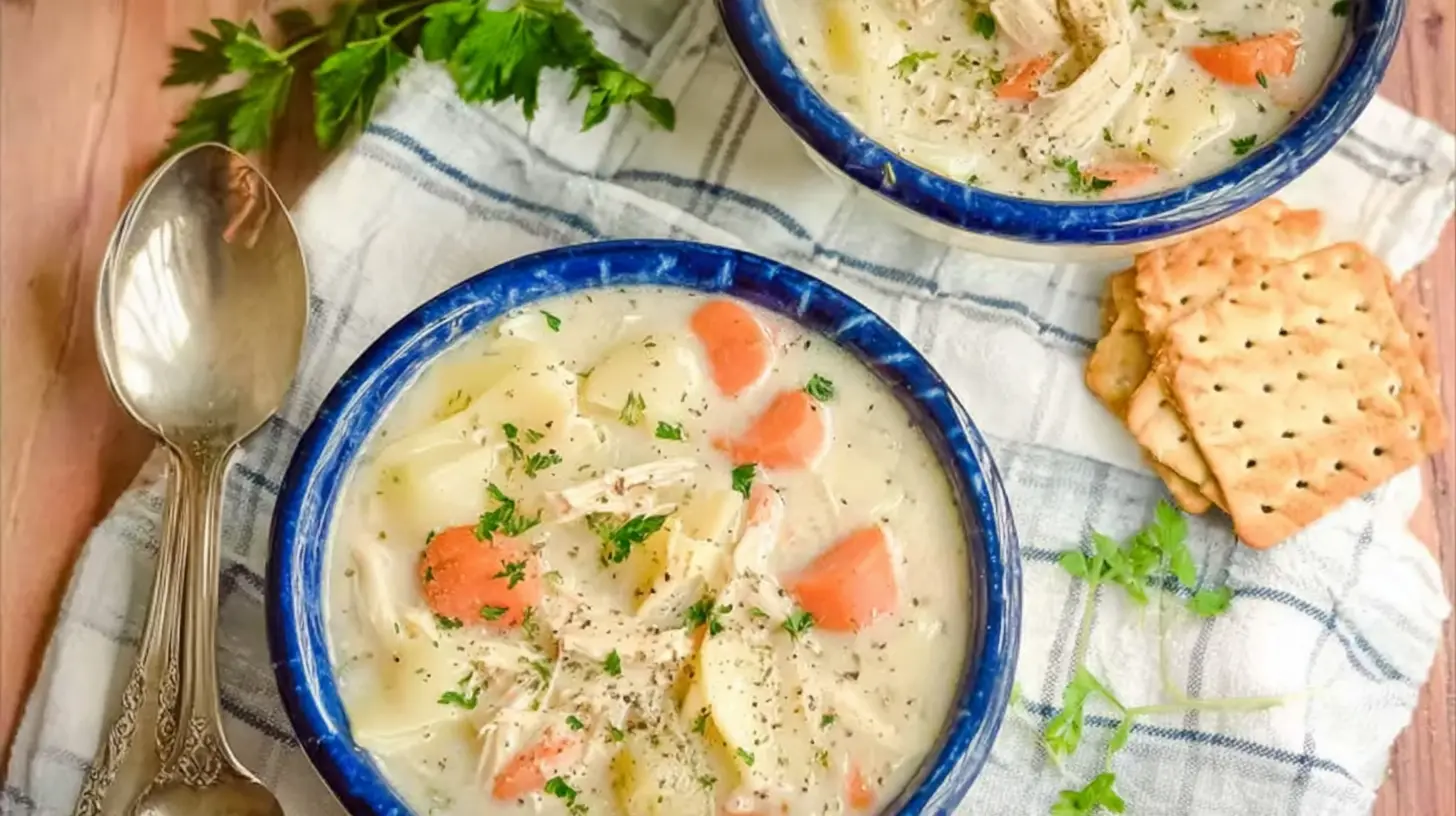 Close-up of slow cooker creamy chicken soup in a rustic bowl