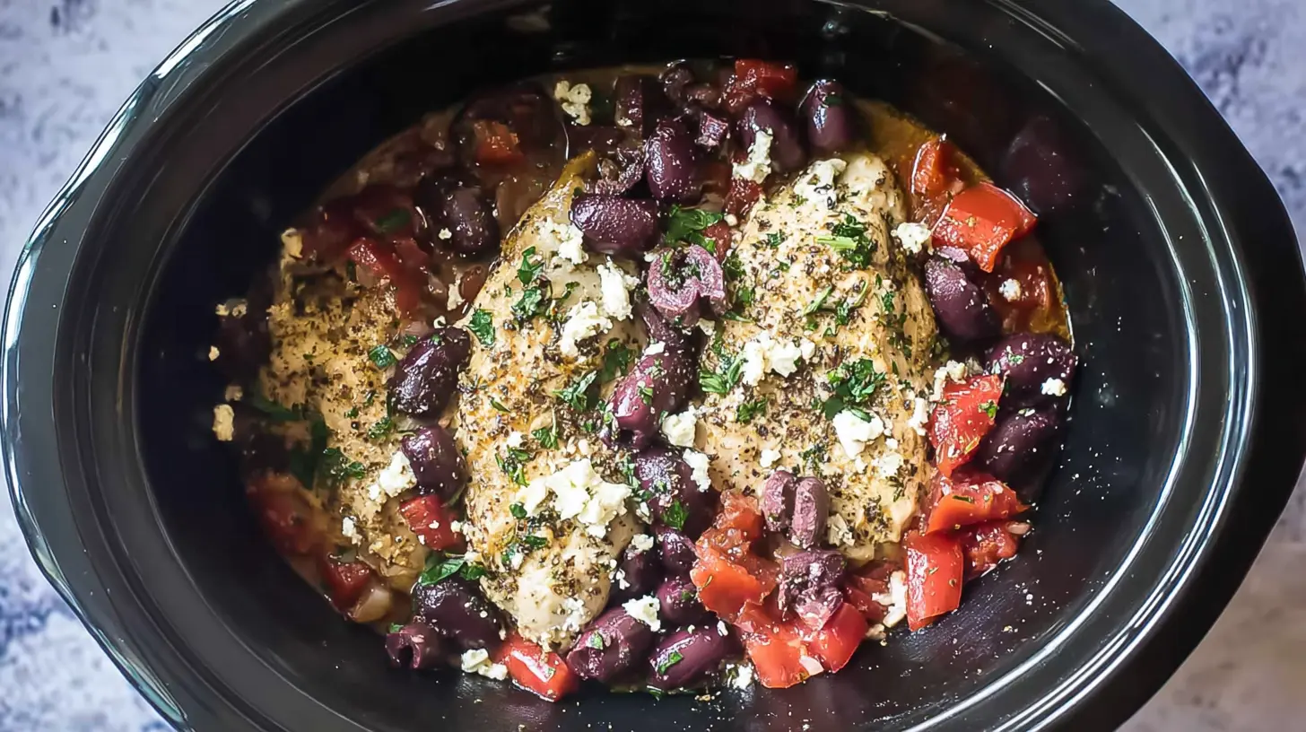 Slow-cooked Mediterranean chicken simmering with herbs and tomatoes in a crockpot