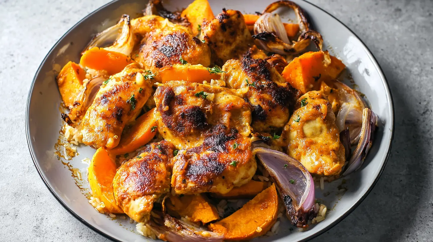 Succulent BBQ chicken thighs and roasted sweet potatoes in a one-pan dump-and-bake meal.