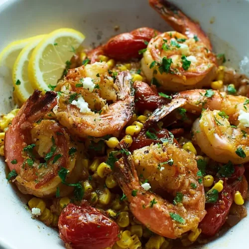 A vibrant summer shrimp skillet dinner with fresh vegetables.