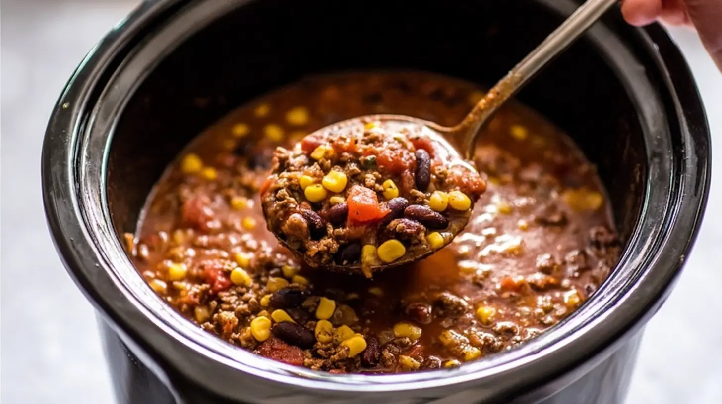 Close-up of Crockpot Taco Soup garnished with fresh cilantro and cheese.