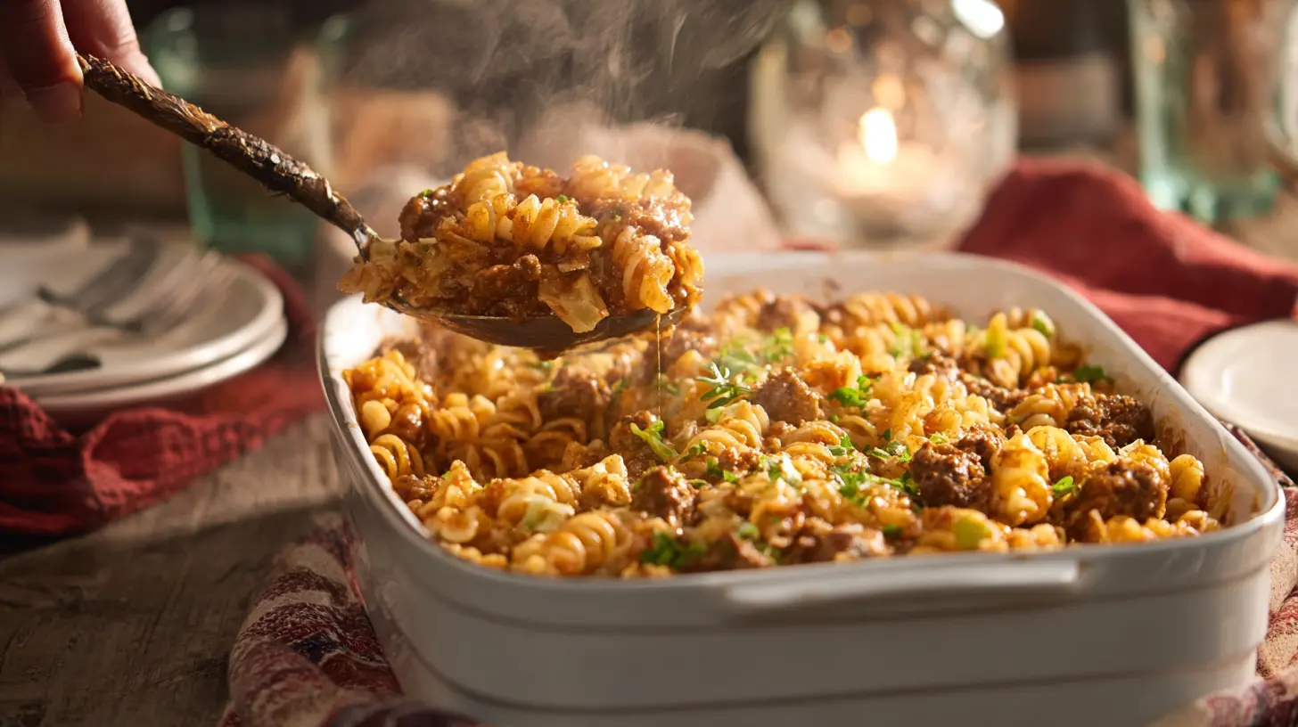 Warm and inviting winter casserole dinner, rich with savory ingredients.