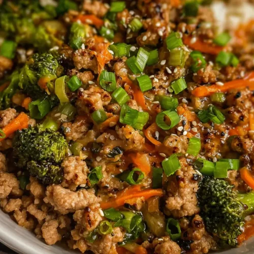 A freshly cooked 30-minute ground turkey dinner served in a bowl.