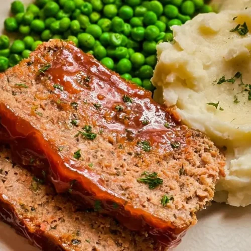 A freshly baked All-American meatloaf, perfectly sliced for serving.