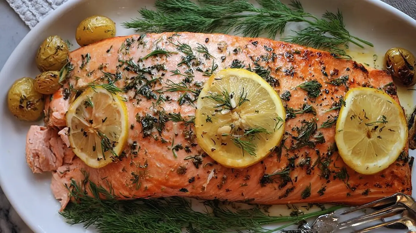 Delicious baked salmon dinner, flaked to perfection from the oven.