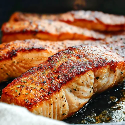 Cast iron pan seared salmon with crispy skin and flaky texture.