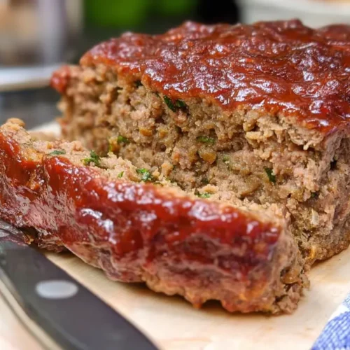 A perfectly baked classic beef meatloaf, sliced and ready to serve.