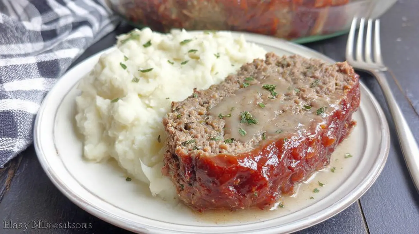 Classic meatloaf accompanied by creamy mashed potatoes, ready to be served.