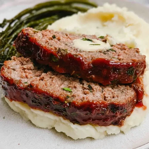 A serving of classic meatloaf with a generous side of mashed potatoes on a white plate.