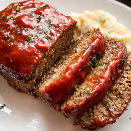 A serving of classic meatloaf on a white plate with gravy