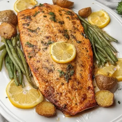A clean eating lemon salmon fillet, perfectly baked and garnished with fresh herbs.
