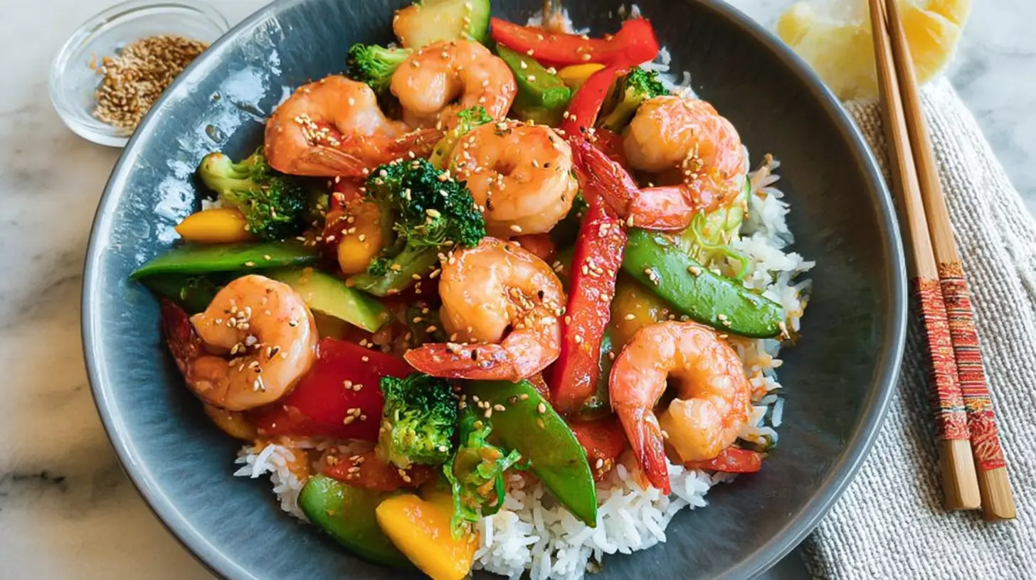 Close-up of a colorful shrimp and vegetable stir fry, ready to eat.