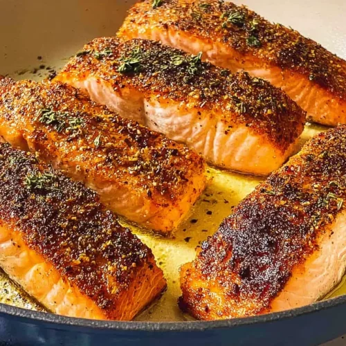 A perfectly cooked crispy pan seared salmon fillet with golden skin