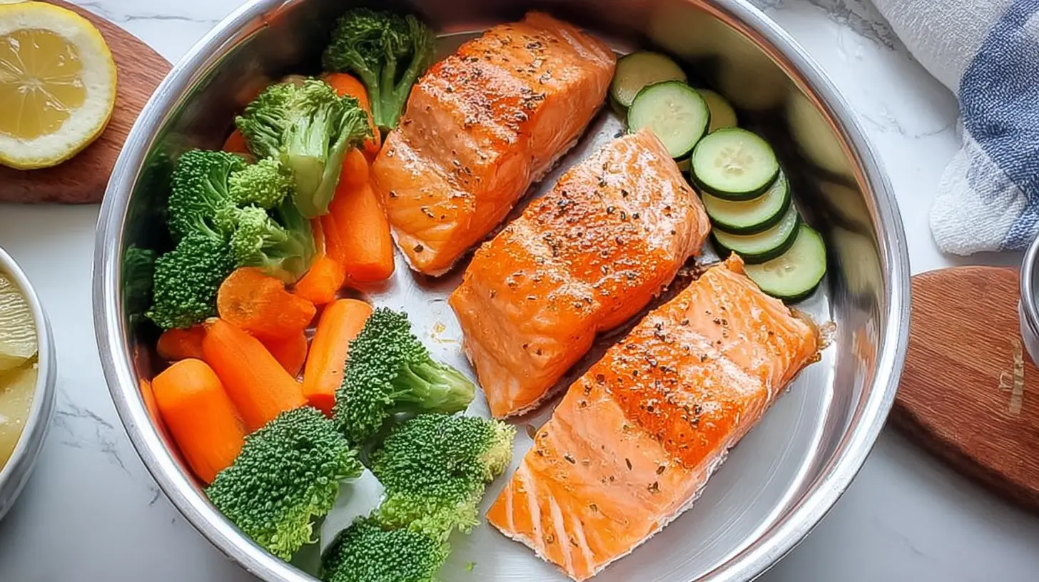 Delicious salmon with steamed veggies, prepared for a healthy meal.