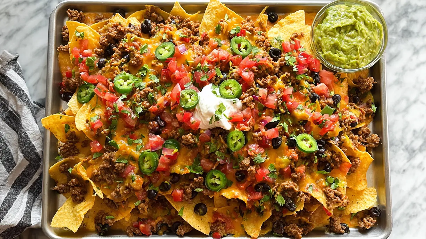 Close-up of easy ground beef nachos for a fast dinner.
