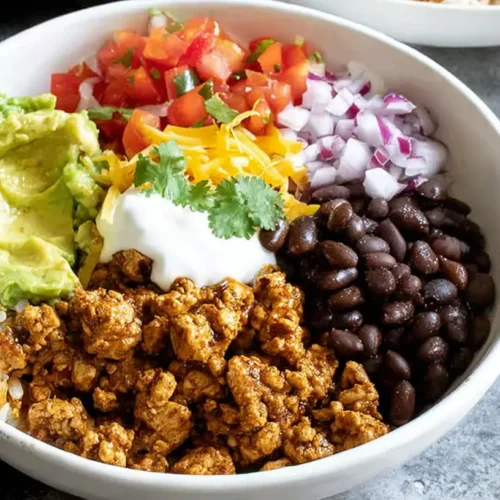 An easy ground turkey burrito bowl filled with fresh ingredients.