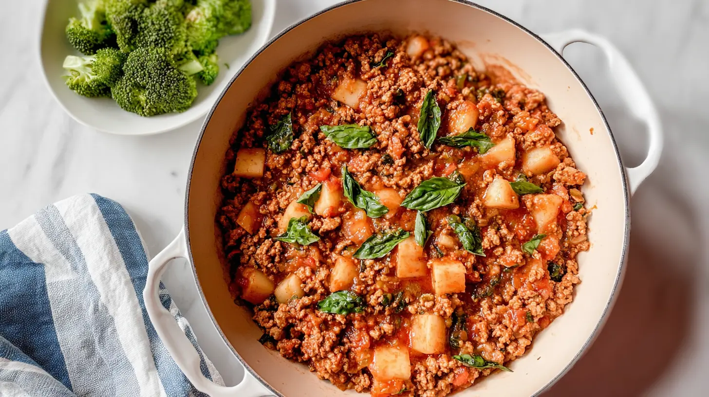 Savory ground turkey dinner with vegetables on a plate, an easy weeknight meal