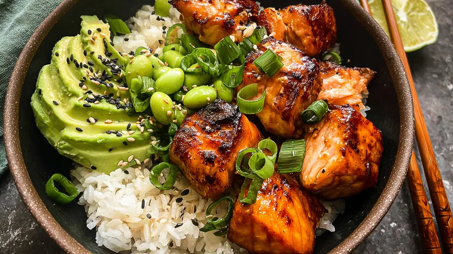 Delicious quick salmon rice bowl with colorful vegetables and sauce