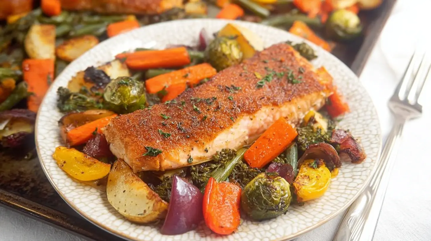 A prepared Salmon and Vegetable Sheet Pan Meal, ready for the oven, featuring fresh ingredients.