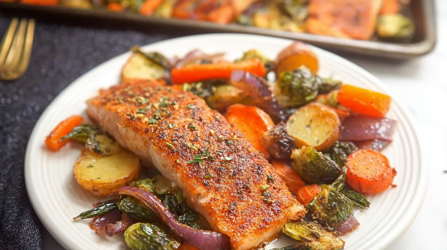 Fresh salmon and mixed vegetables cooked together on a sheet pan for dinner