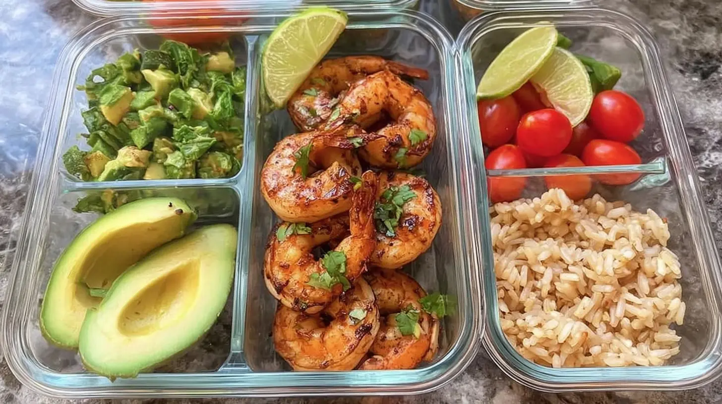 Prepared healthy shrimp meal for weekly lunches