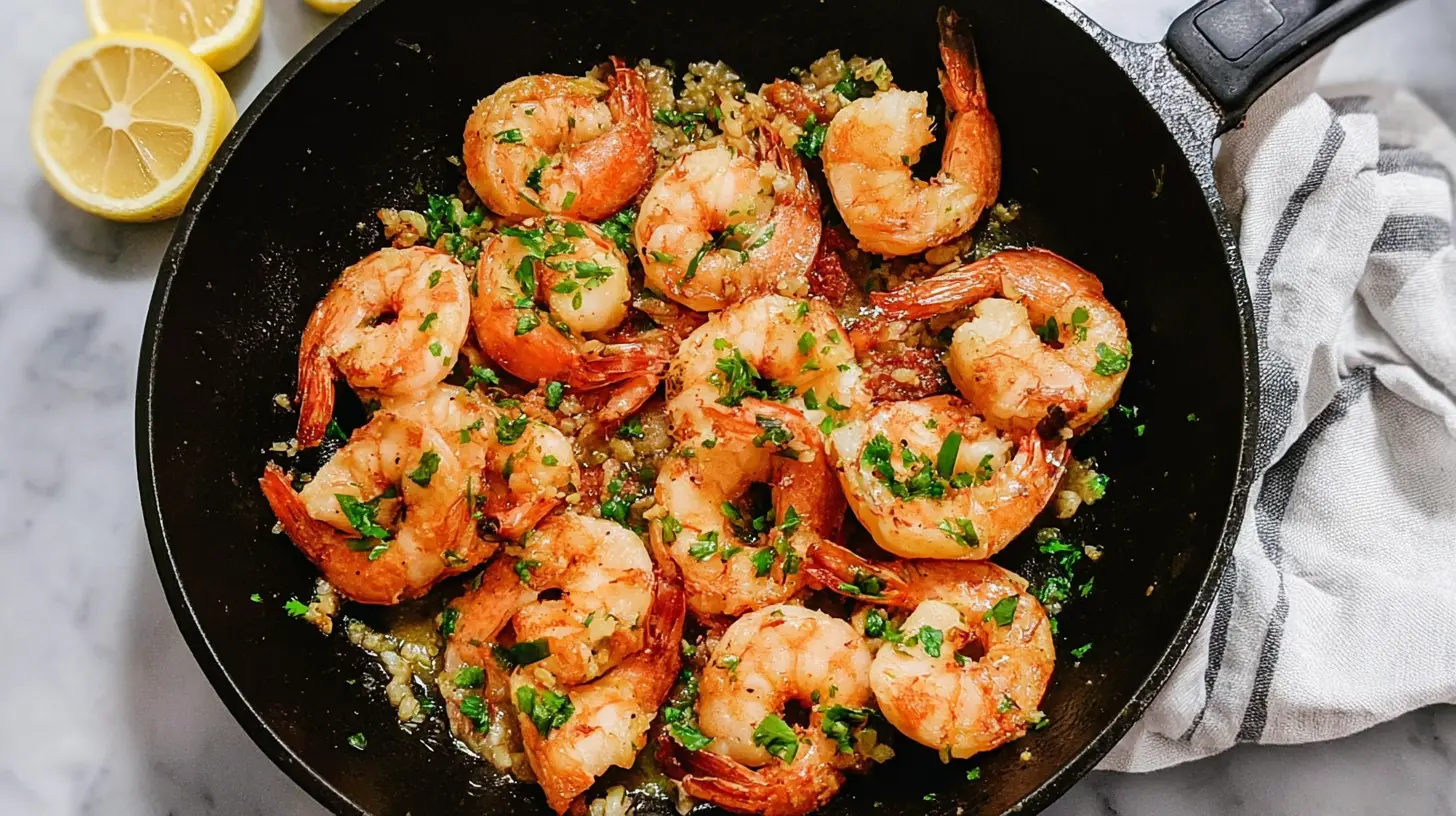 Cooked shrimp skillet featuring vibrant ingredients