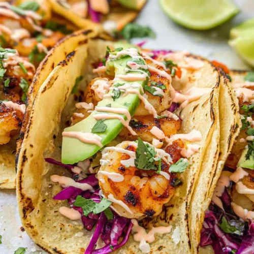 A vibrant plate of easy shrimp tacos with fresh toppings.