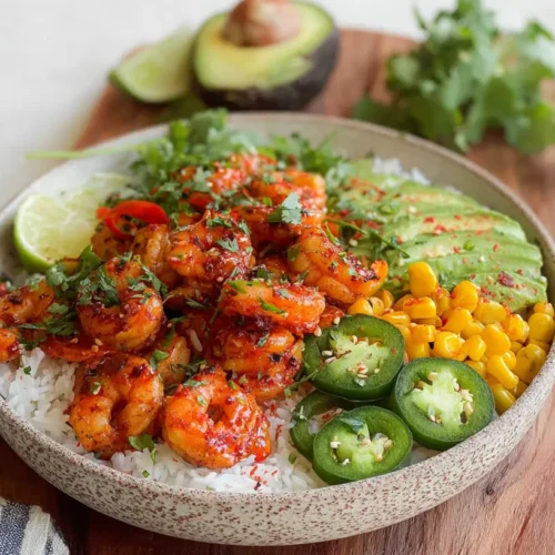 A vibrant fast shrimp rice bowl with fresh vegetables and sauce
