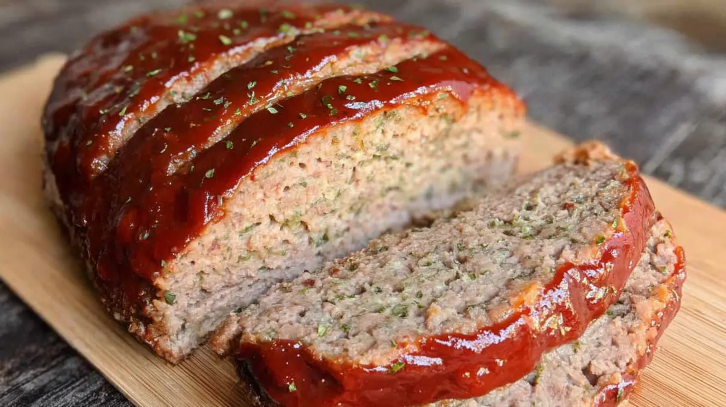 Delicious lightened-up classic meatloaf cooling on a wire rack after baking.