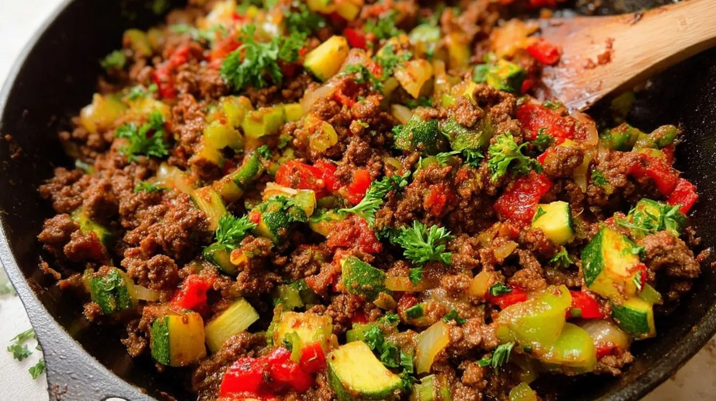 Closeup of a healthy clean eating ground beef skillet with bell peppers and onions.