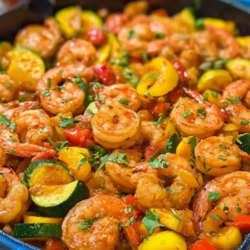 A colorful, healthy shrimp and veggie skillet filled with fresh ingredients.