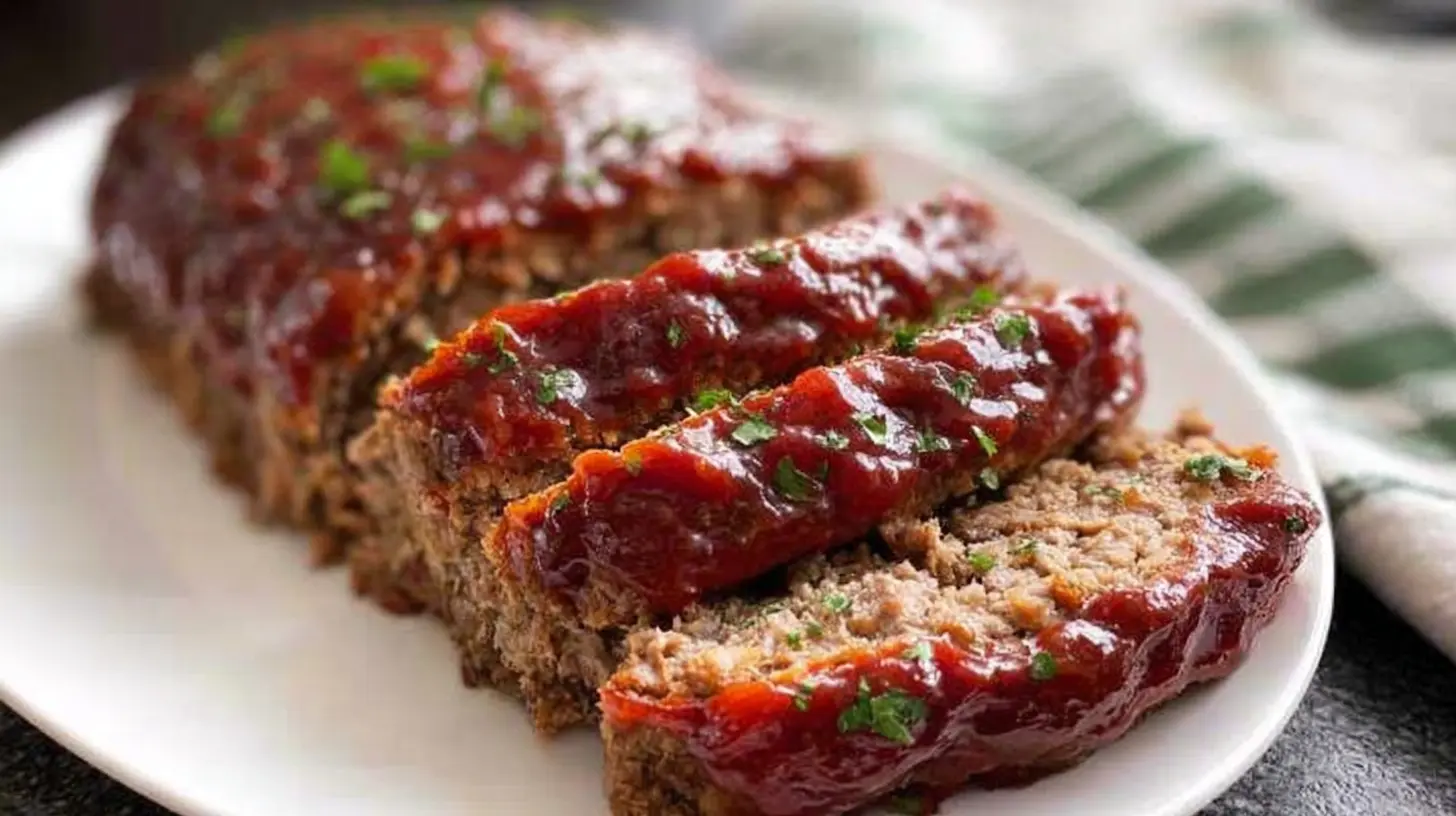 Hearty traditional meatloaf covered in a rich, shiny glaze.