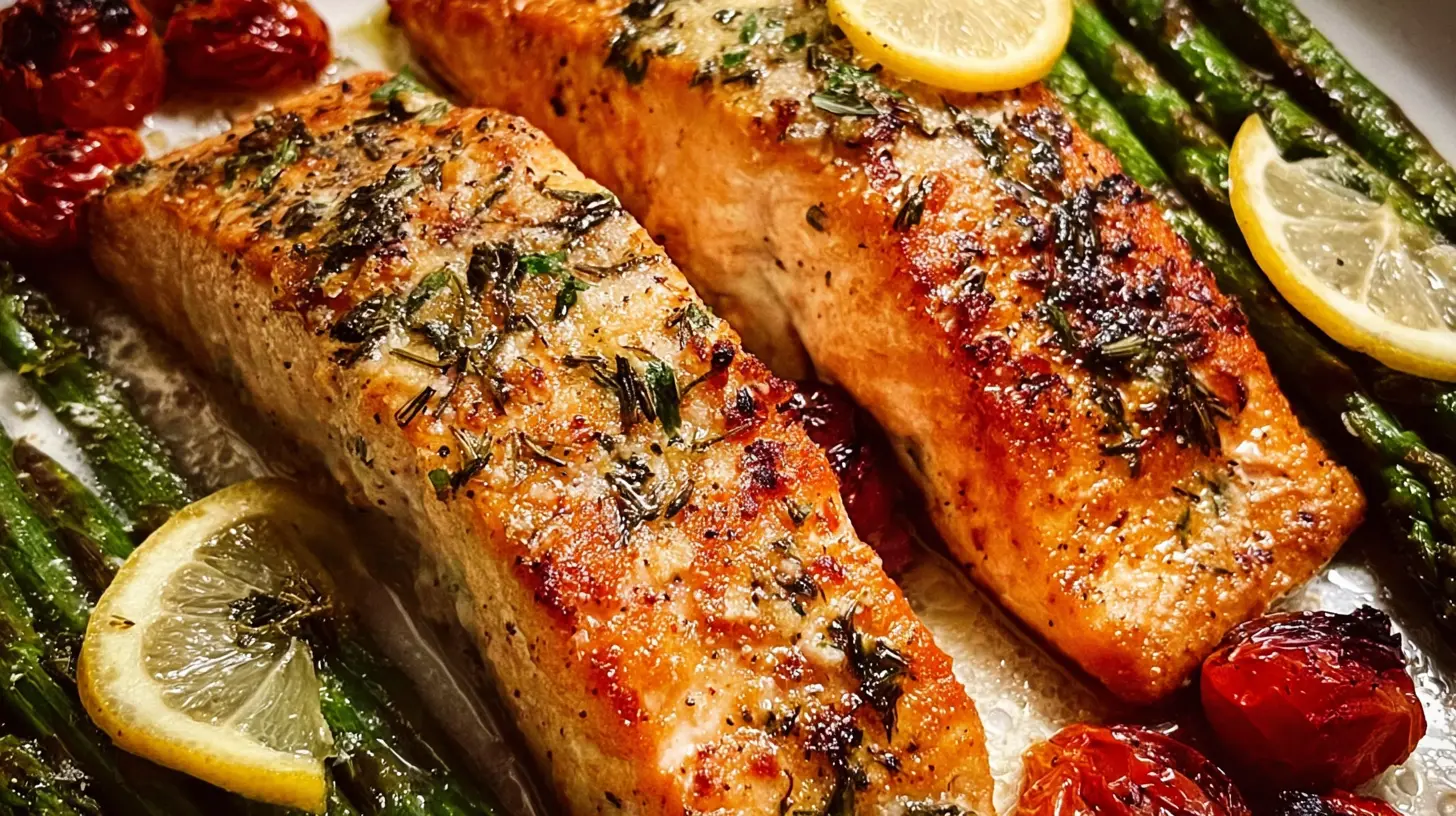 Dish of family-friendly salmon dinner with roasted vegetables