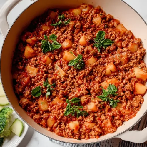 A prepared Lazy Night Ground Turkey Dinner in a skillet, ready to serve
