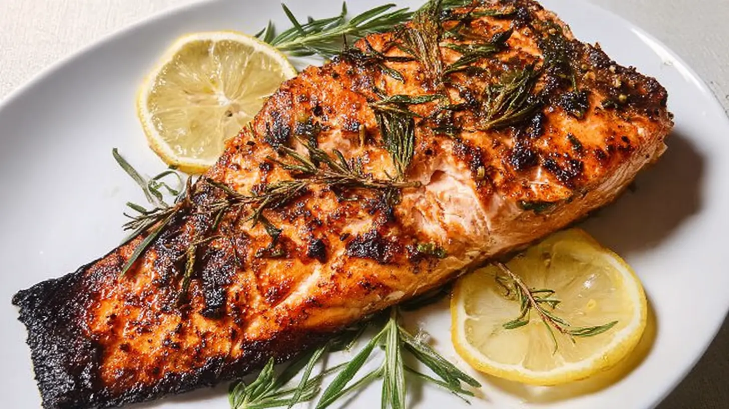 Uncooked simple salmon with lemon and various green herbs, ready for baking.