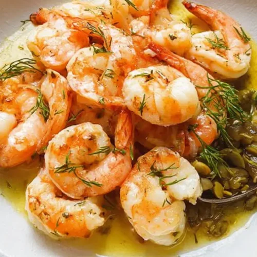 A light lemon shrimp dinner featuring cooked shrimp with lemon slices and herbs.