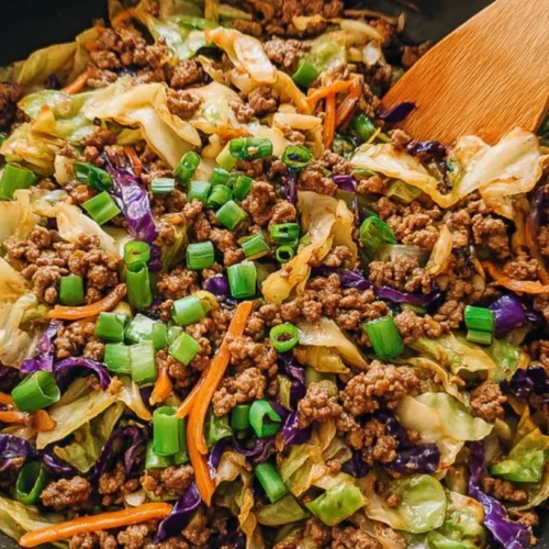 A vibrant low-carb ground beef cabbage stir fry in a large pan.