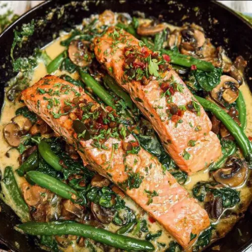 A low-carb salmon skillet dinner with vegetables cooking in a pan