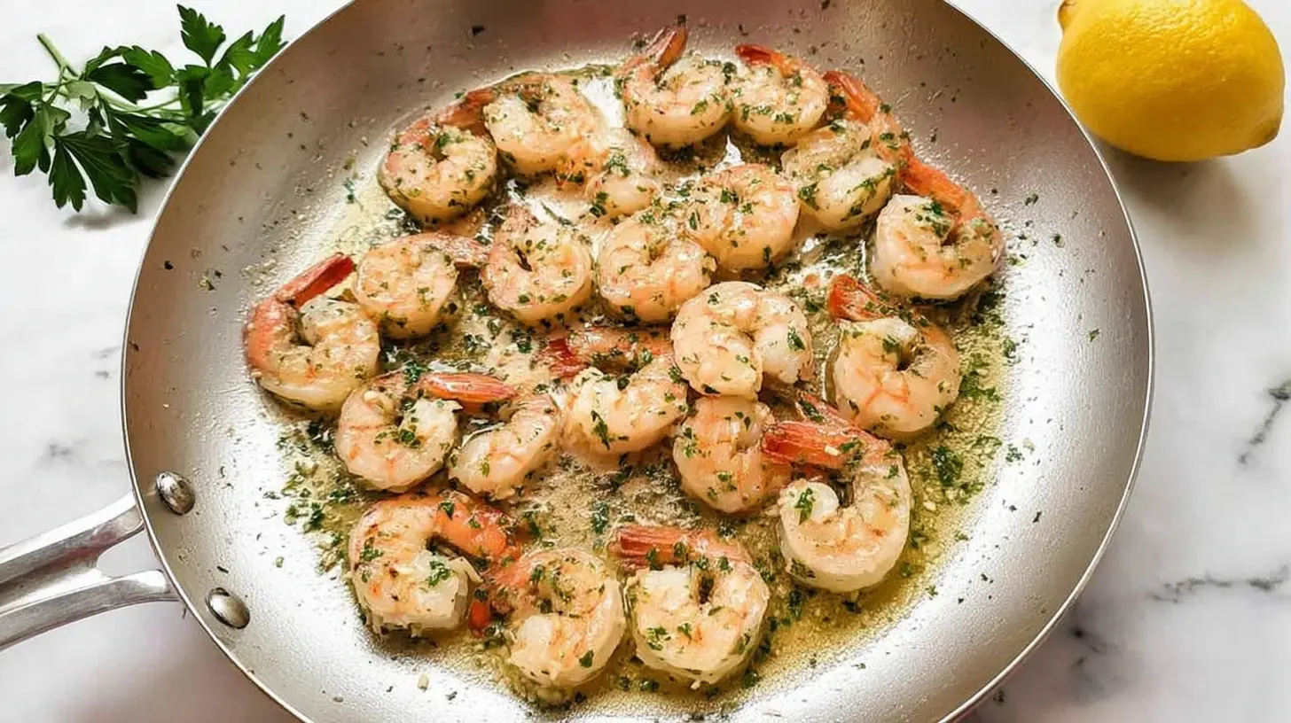 Close-up of quick garlic butter shrimp with herbs