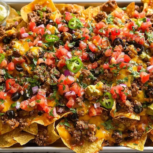 A platter of quick ground beef nachos, generously topped and ready to eat.