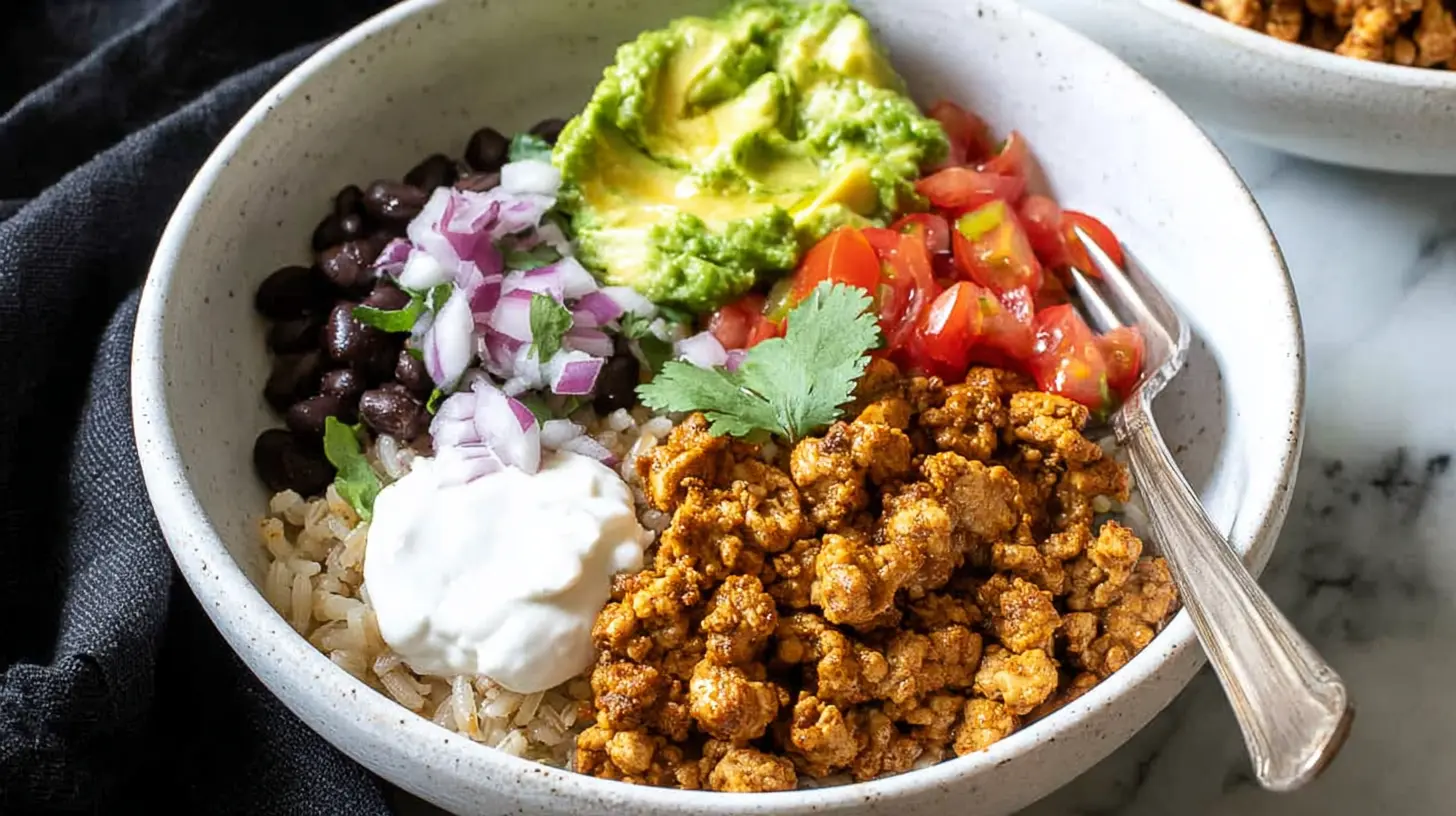 A quick ground turkey burrito bowl with vibrant rice and beans.