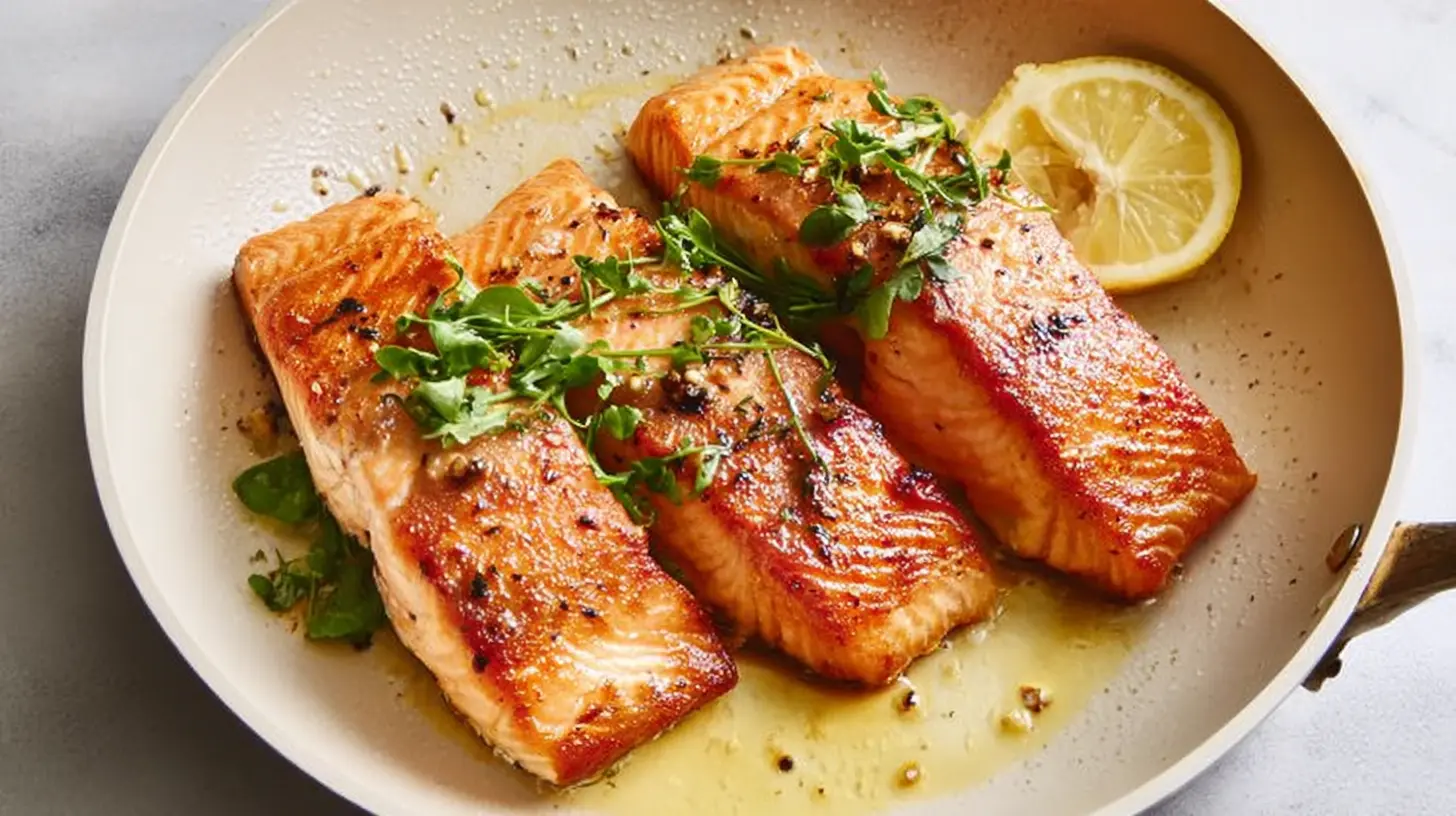 Golden-brown pan seared salmon with crispy skin.