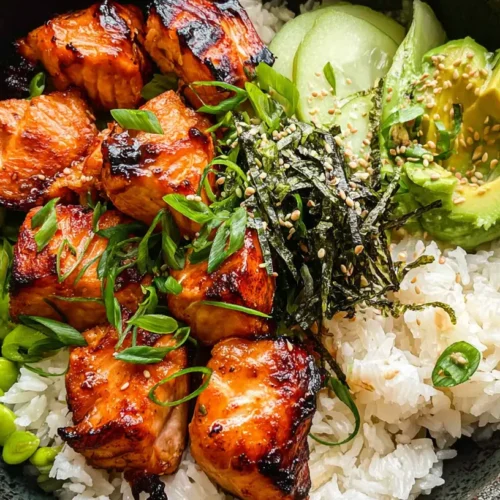A freshly prepared quick salmon rice bowl, showcasing vibrant ingredients