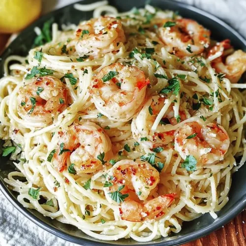 A delicious quick shrimp pasta dinner, freshly prepared and plated.