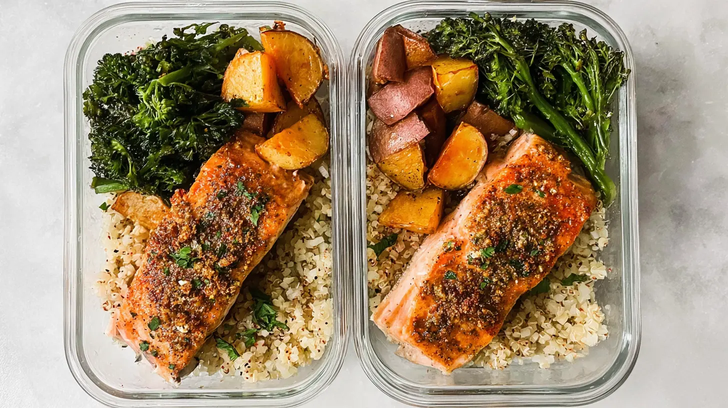 Individual portions of salmon meal prep featuring green beans and quinoa.