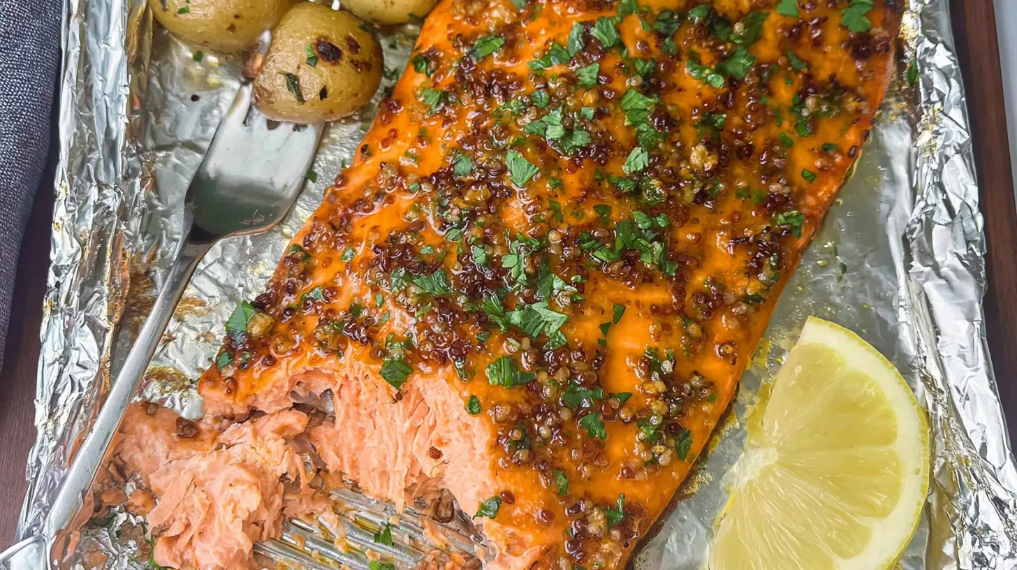 A plate featuring a high-protein salmon dinner with roasted vegetables.